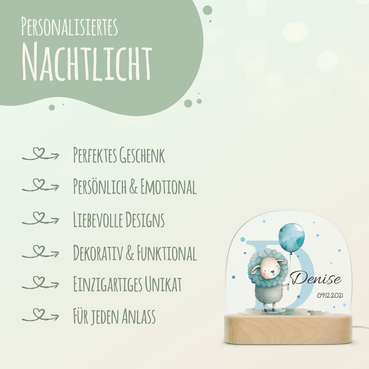 Kinder LED Nachtlicht mit Sockel aus Holz - "Initial Tiere"