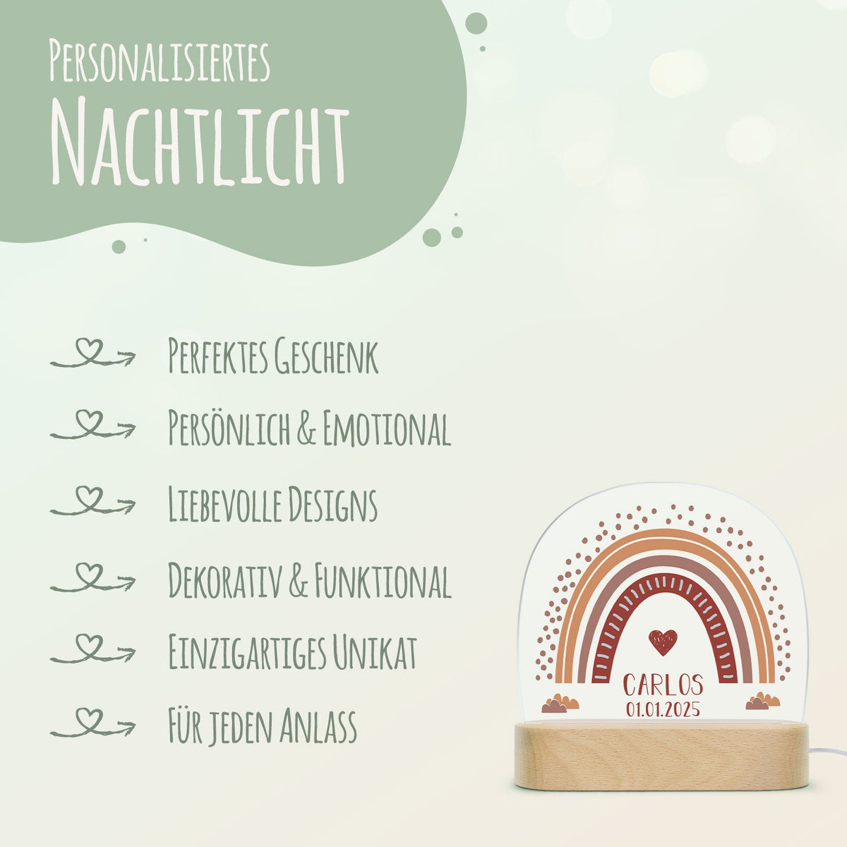 Kinder LED Nachtlicht mit Sockel aus Holz im Regenbogen Design