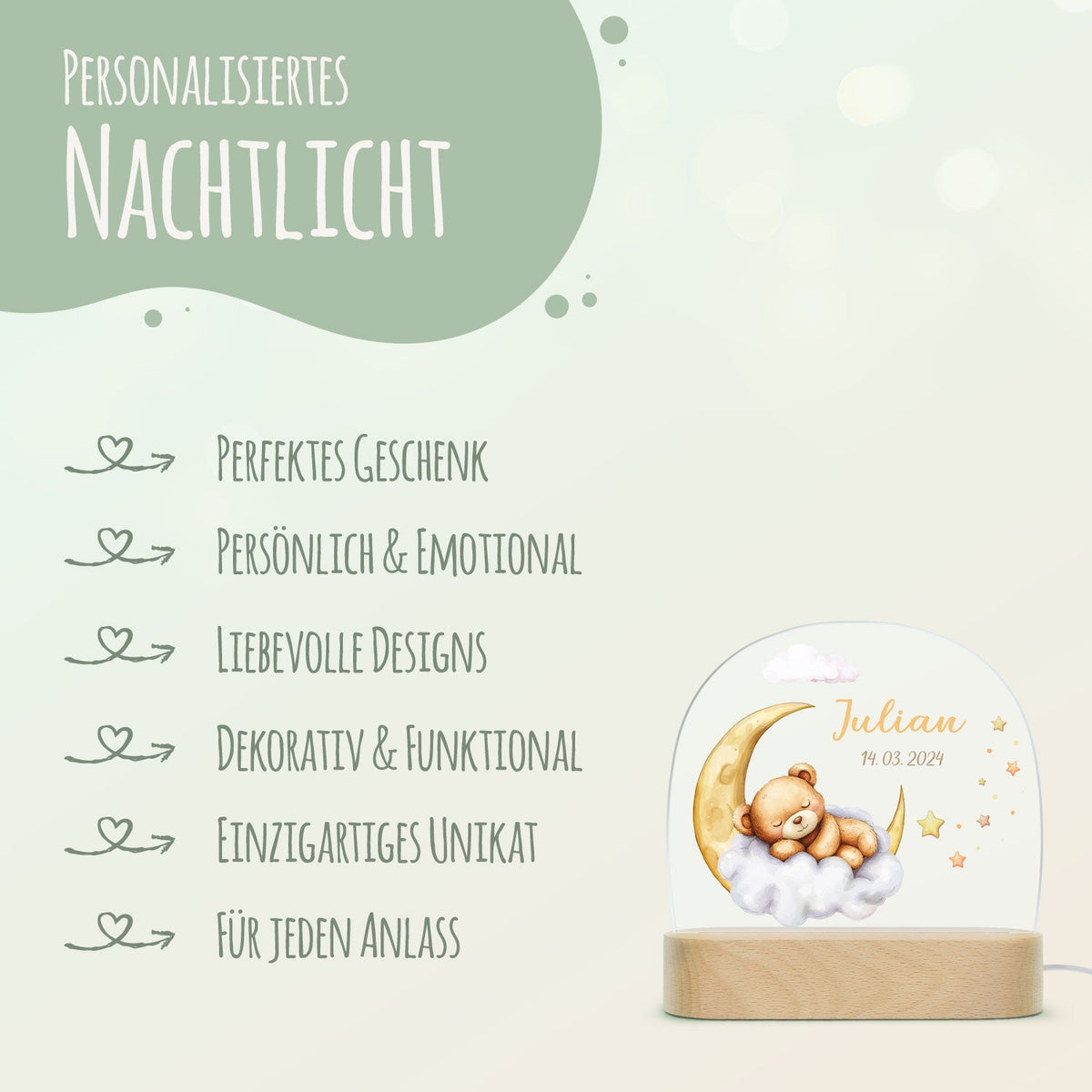 Kinder LED Nachtlicht mit Sockel aus Holz - "Schlafende Tiere"