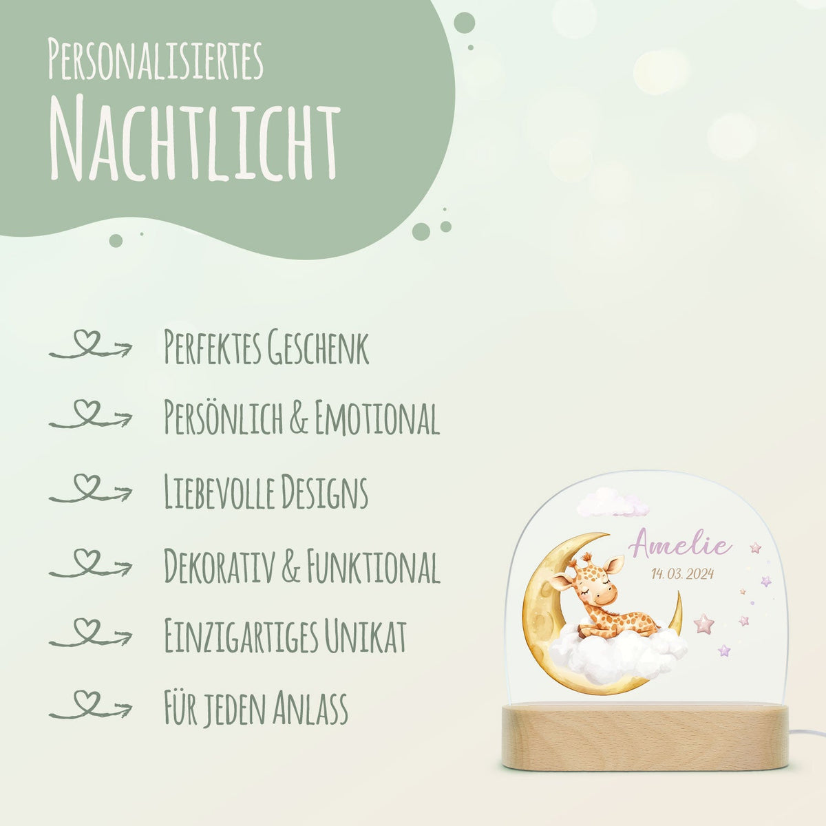 Kinder LED Nachtlicht mit Sockel aus Holz - "Schlafende Tiere"