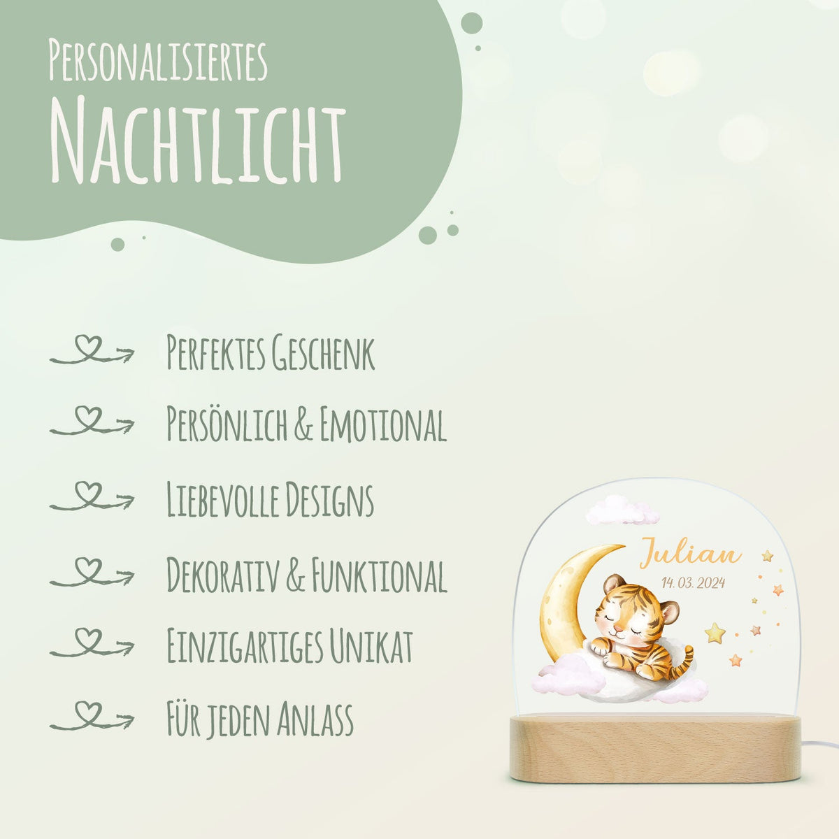 Kinder LED Nachtlicht mit Sockel aus Holz - "Schlafende Tiere"