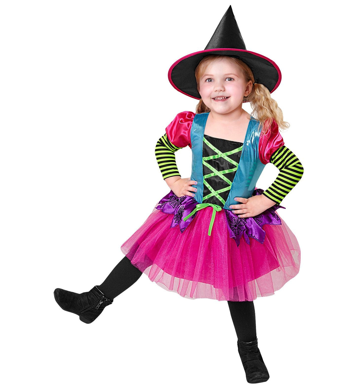 Regenbogen Hexe Kinderkostüm 2-teilig - Kleid und Hut | Pink Türkis