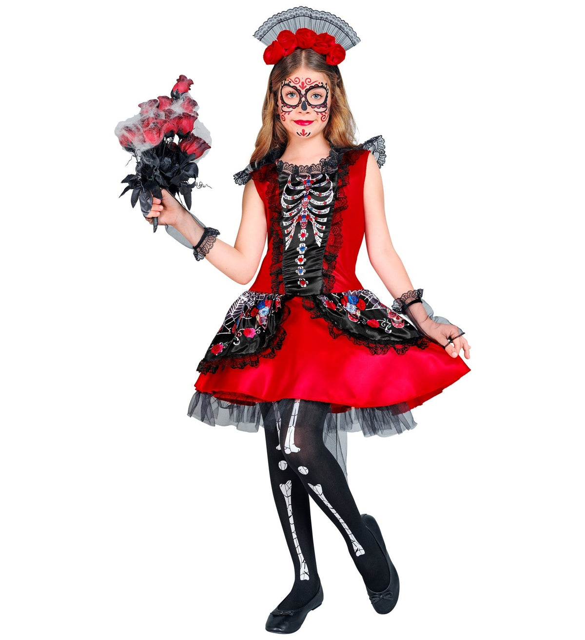 Dia de los Muertos Kinderkostüm - Skelett Kleid mit Haarreif | Rot