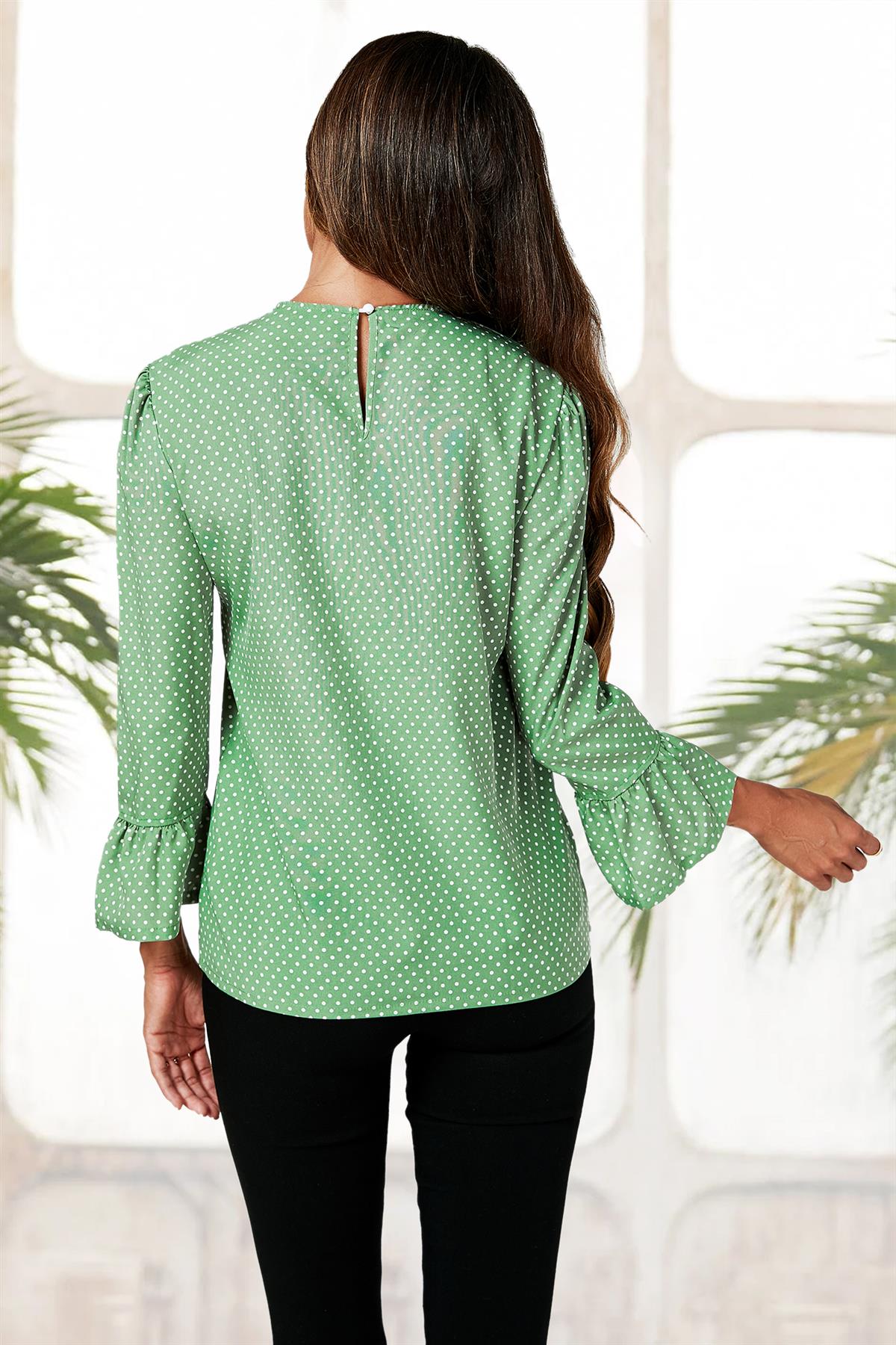 Polka Dot Print Frill Detail Cuff Top In Green