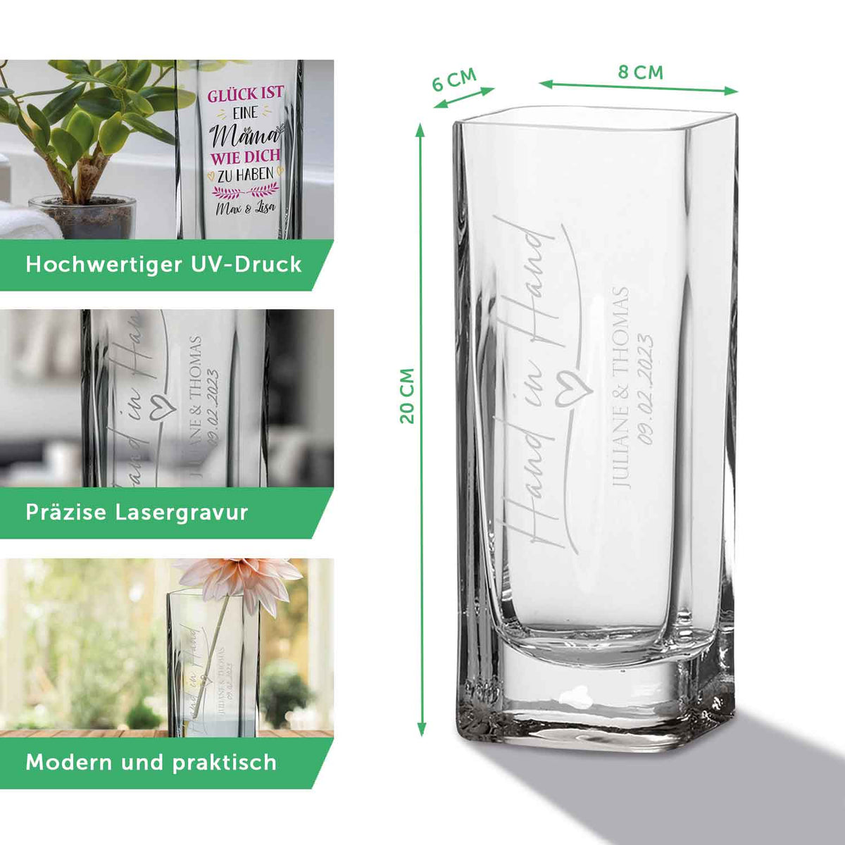 Blumenvase mit Gravur - Herzlichen Glückwunsch - Personalisiert mit Namen und Jahreszahl