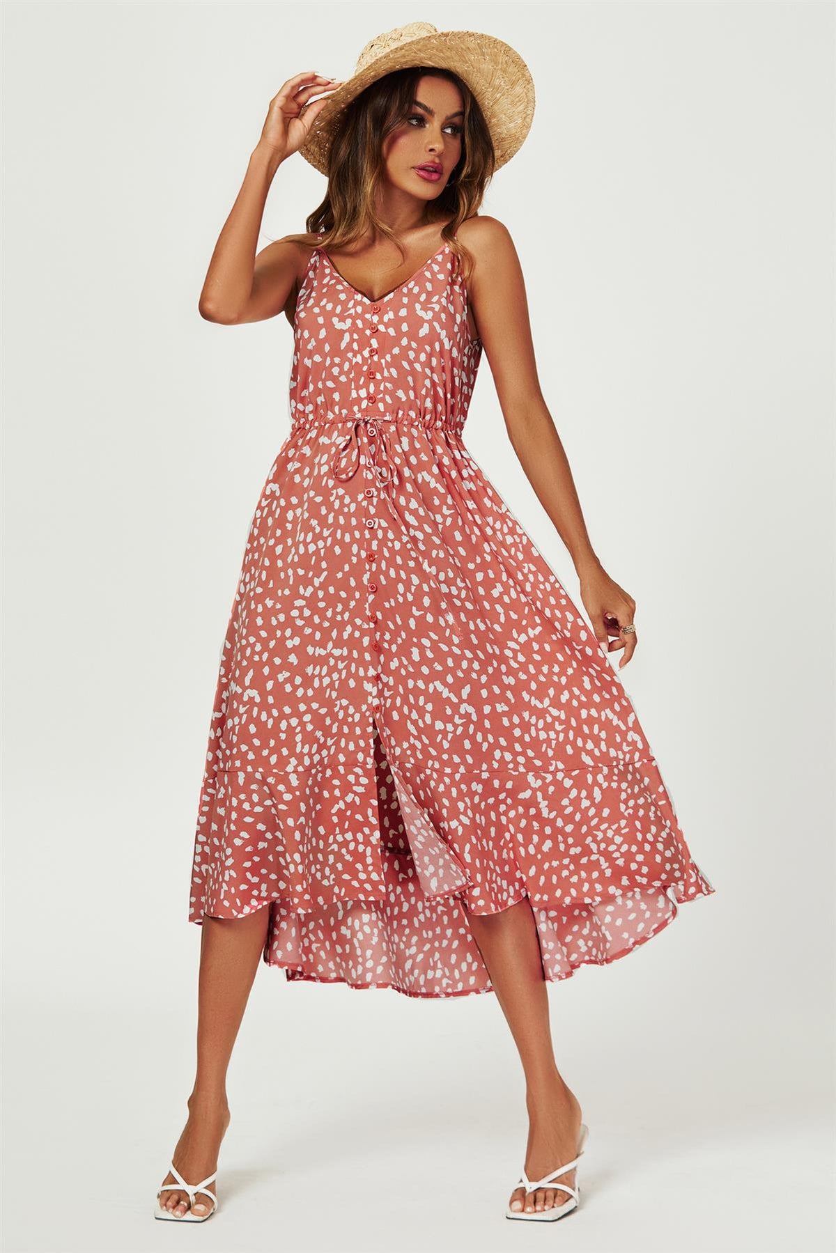 Button Down High Low Strappy Dress In Dusty Red