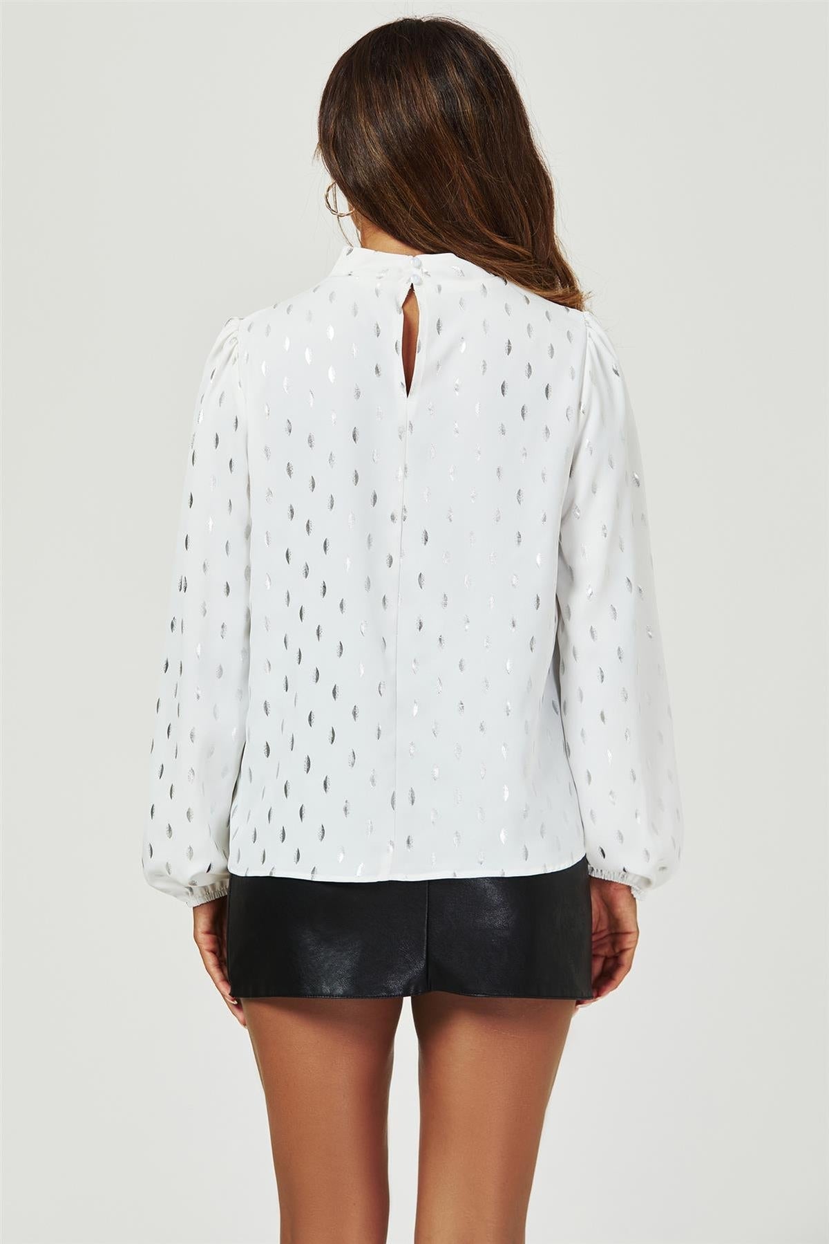Silver Foil Long Sleeve High Neck Top In White