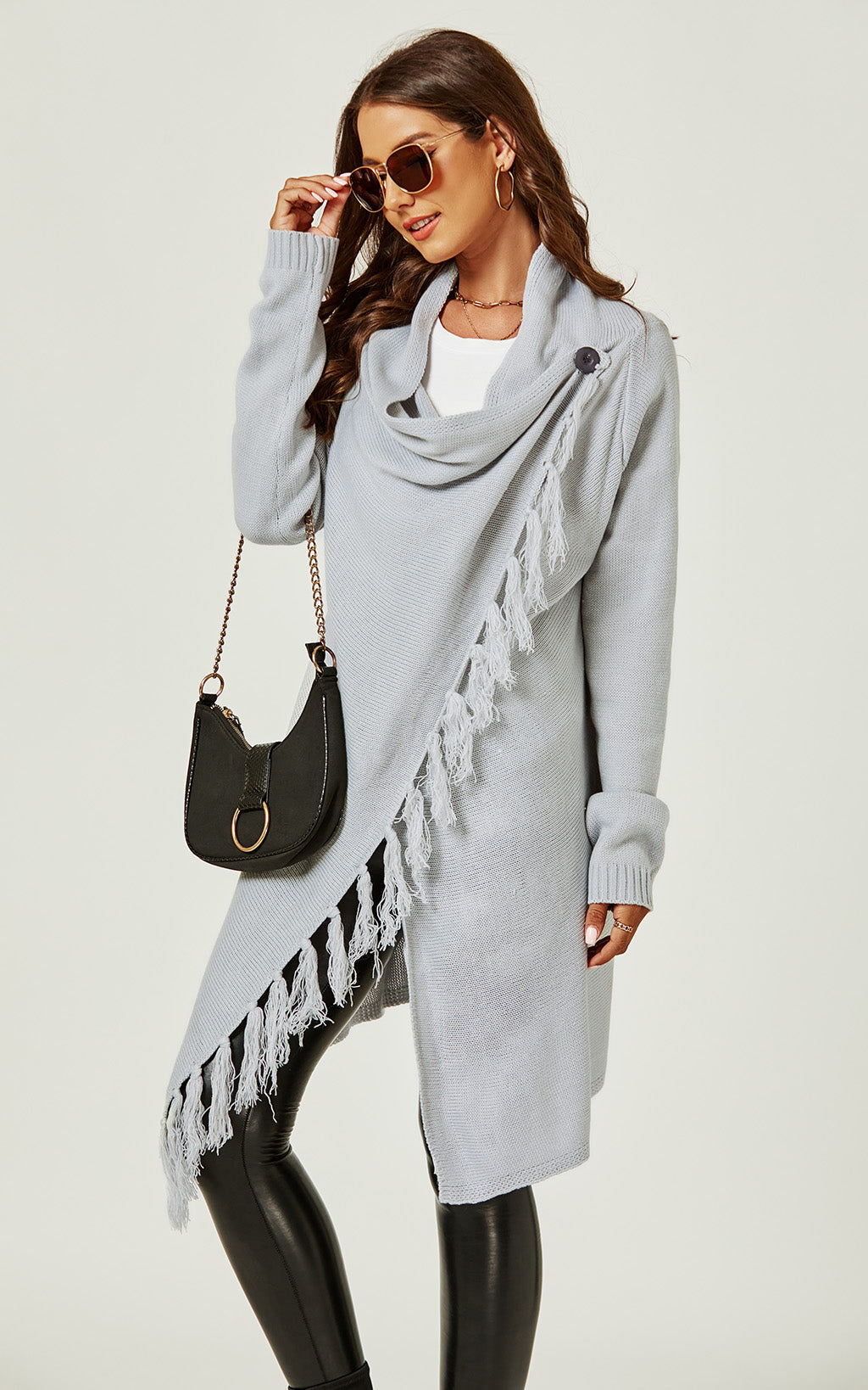 Fringes Detail Cardigan In Silver Grey