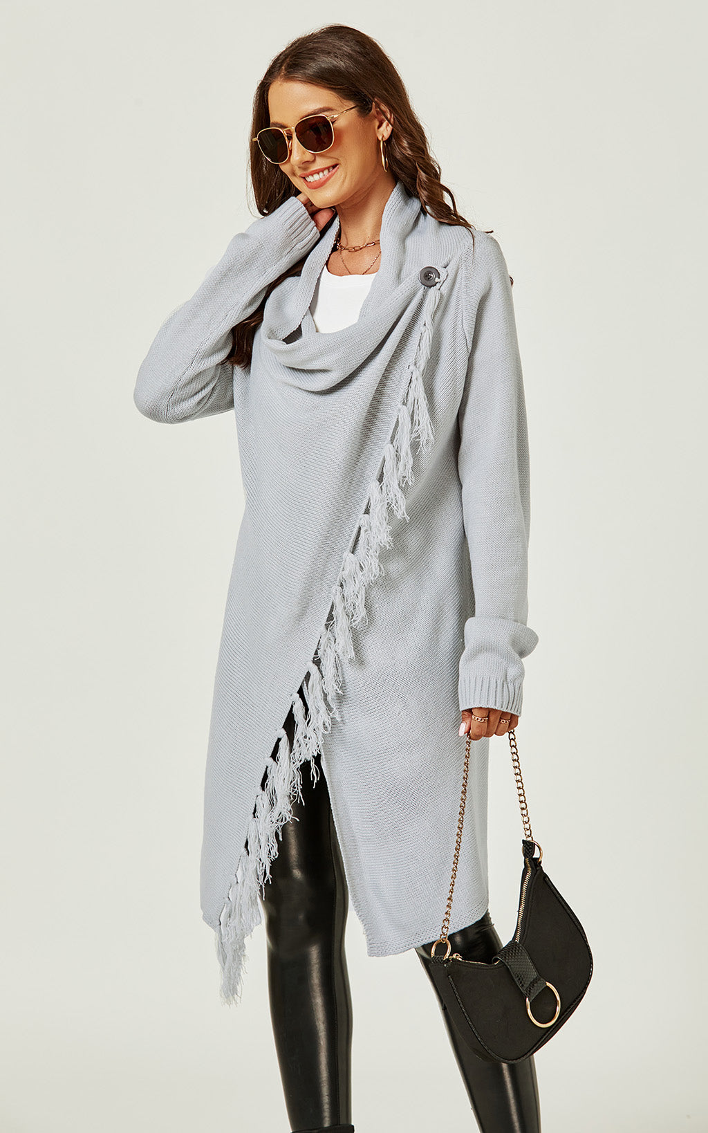 Fringes Detail Cardigan In Silver Grey