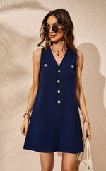 V Neck Button Down Playsuit In Navy Blue
