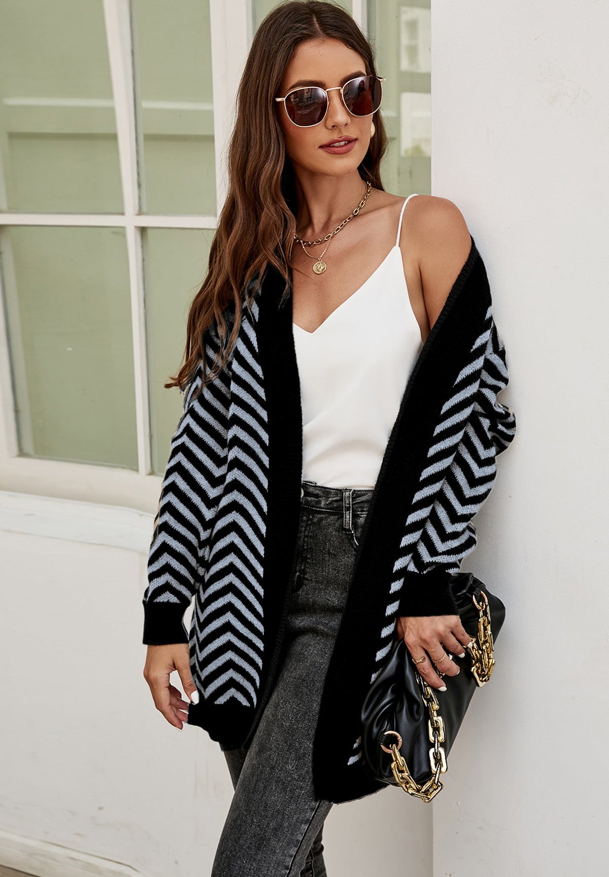 Relaxed Geometric Intarsia Cozy Soft Cardigan In Grey & Black