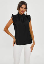 Frill Trim Sleeve High Neck Blouse Top In Black
