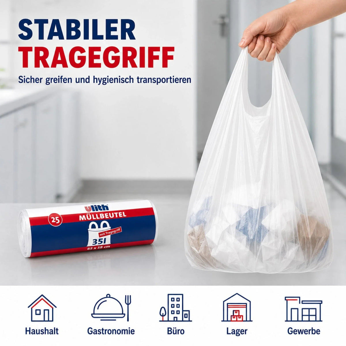 35L Müllbeutel mit Tragegriff - Transparent - Reißfest & Flüssigkeitsdicht
