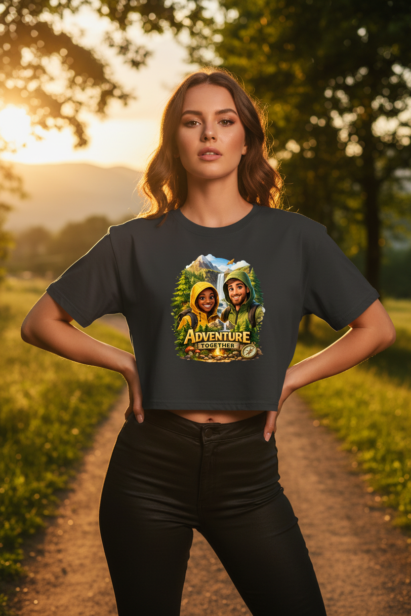 Lässiges Damen Fitness Crop Shirt „Adventure Together“ | ESTID