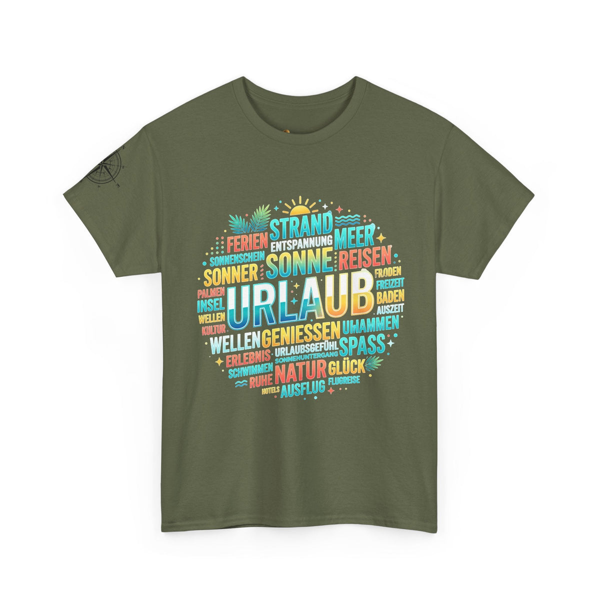 Strandurlaub T-Shirt – Retro Sonnenuntergang mit Palmen & ‚Urlaub‘ Wortwolke