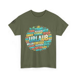 Strandurlaub T-Shirt – Retro Sonnenuntergang mit Palmen & ‚Urlaub‘ Wortwolke