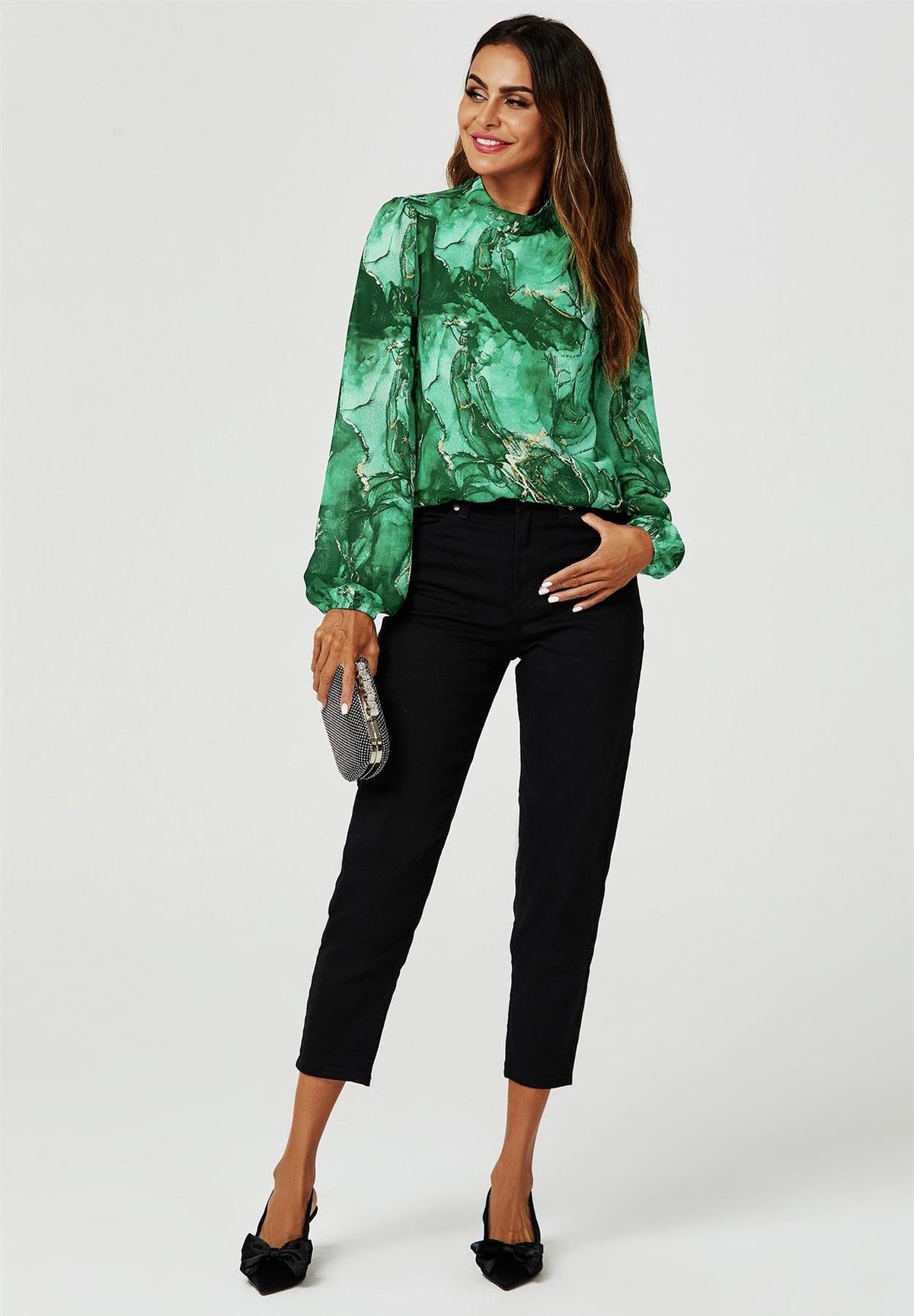 Marble Print Long Sleeve High Neck Top In Light Green