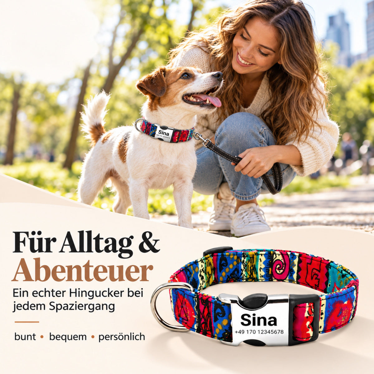 Hundehalsband „Sina“ – Personalisiert mit Namen & Nummer | Verstellbar, bunt & robust