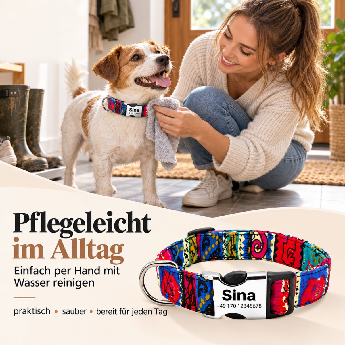 Hundehalsband „Sina“ – Personalisiert mit Namen & Nummer | Verstellbar, bunt & robust