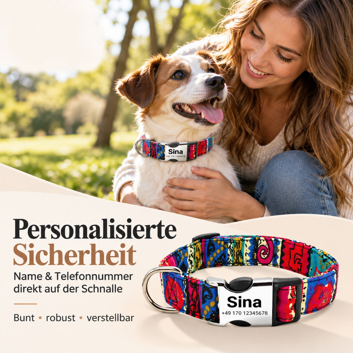 Hundehalsband „Sina“ – Personalisiert mit Namen & Nummer | Verstellbar, bunt & robust