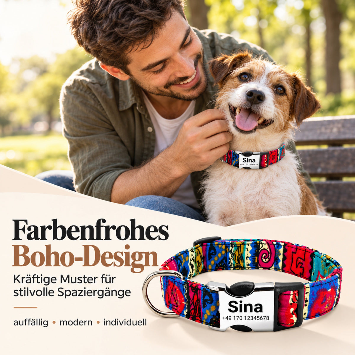 Hundehalsband „Sina“ – Personalisiert mit Namen & Nummer | Verstellbar, bunt & robust