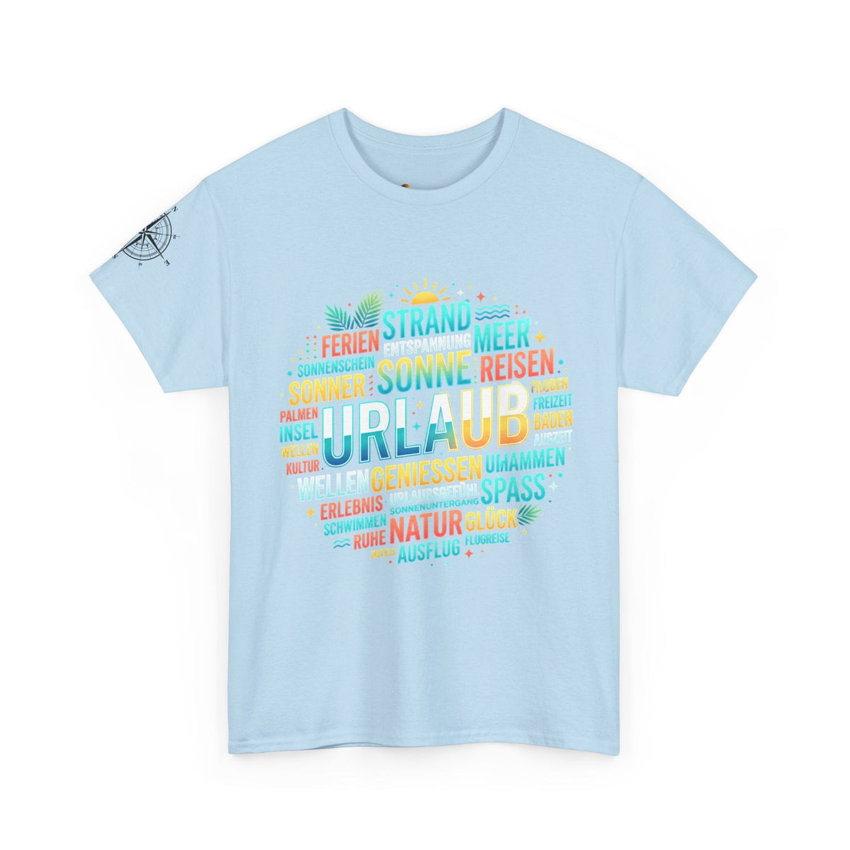 Strandurlaub T-Shirt – Retro Sonnenuntergang mit Palmen & ‚Urlaub‘ Wortwolke