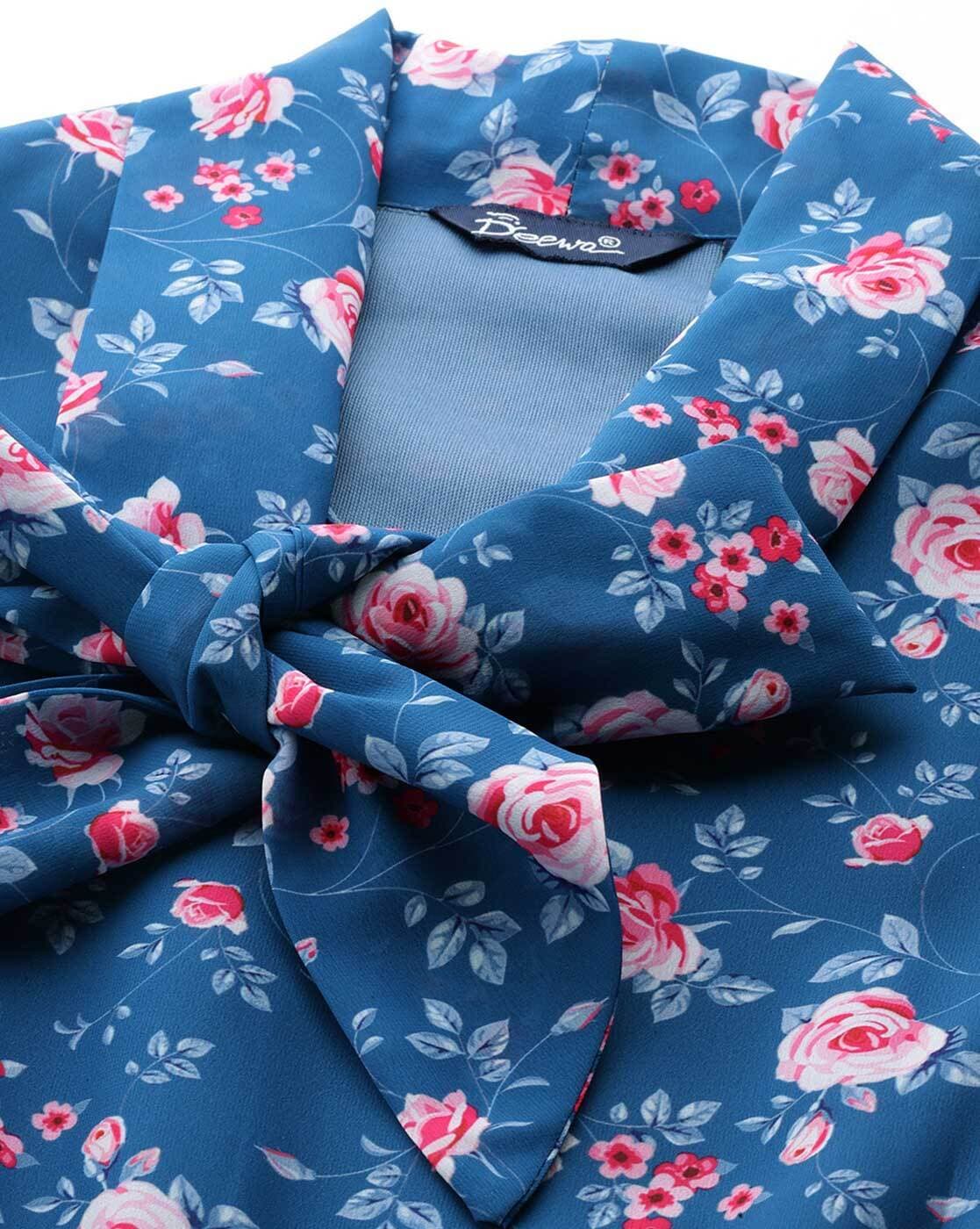Blue Floral Printed Smocked Detailed Tiered Georgette Fit & Flare Dress in Berlin