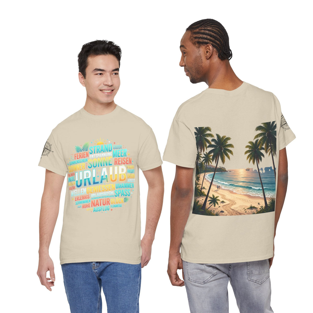 Strandurlaub T-Shirt – Retro Sonnenuntergang mit Palmen & ‚Urlaub‘ Wortwolke