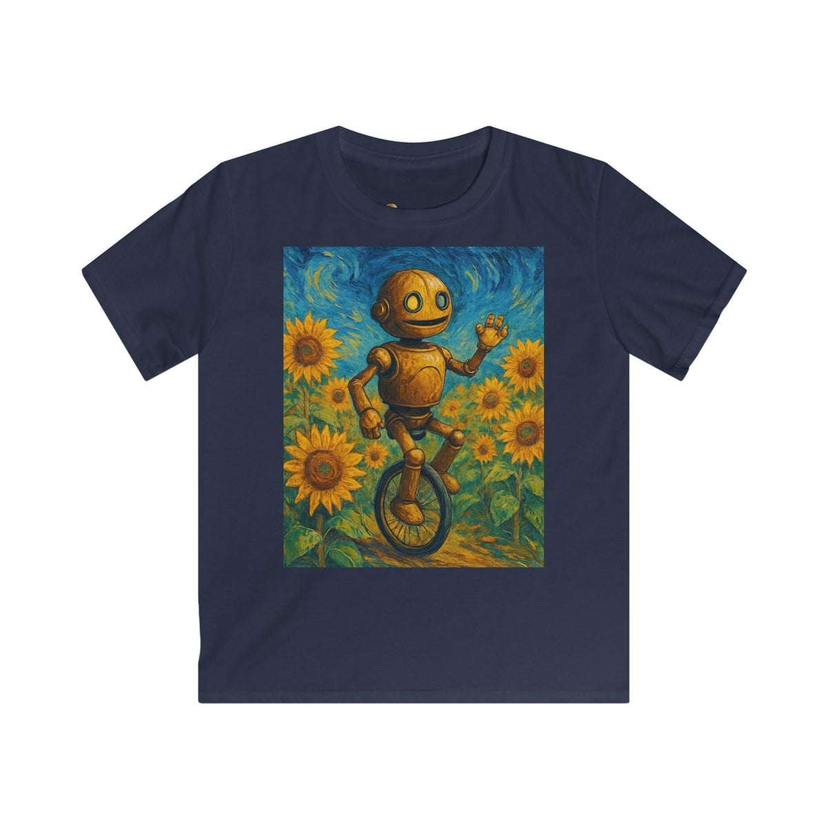 Kinder-T-Shirt – Sonnige Sonnenblumen-Roboter auf Einrad