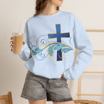 ESTID Unisex Crewneck Pullover | Blaues Kreuz & Wellen-Ornament