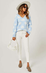 Relaxed Comfy White V Neck Heart Pattern Jumper Top In Baby Blue Namma Markt