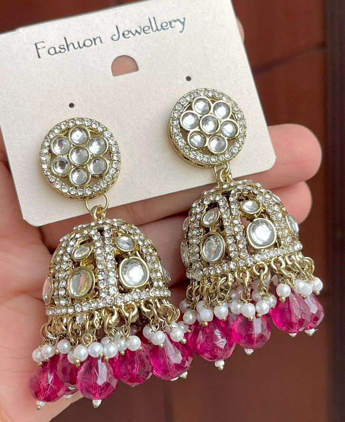Gold-Plated Dome Shaped Kundan Studded Jhumkas