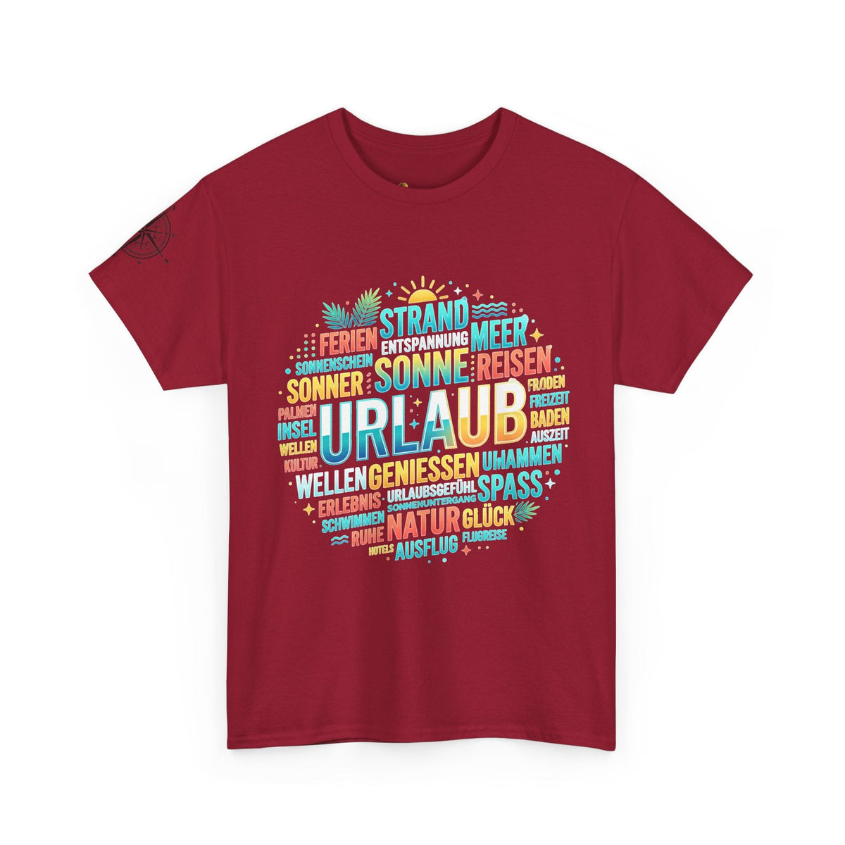 Strandurlaub T-Shirt – Retro Sonnenuntergang mit Palmen & ‚Urlaub‘ Wortwolke