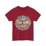 Strandurlaub T-Shirt – Retro Sonnenuntergang mit Palmen & ‚Urlaub‘ Wortwolke