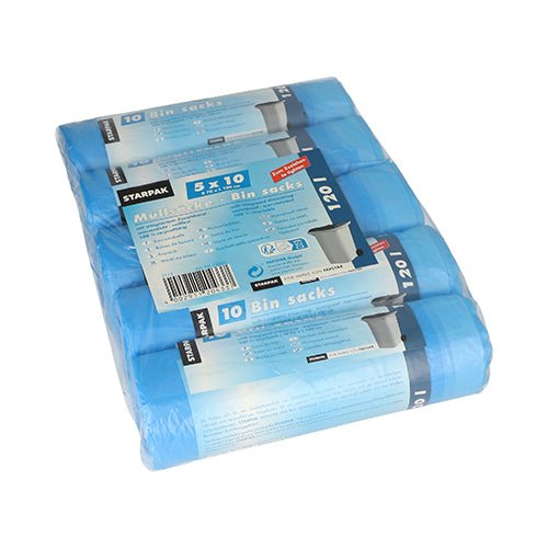 Starpak 50 Müllsäcke mit Zugband, HDPE 120 l 100 cm x 70 cm blau | Schrumpffolie (50 Stück)