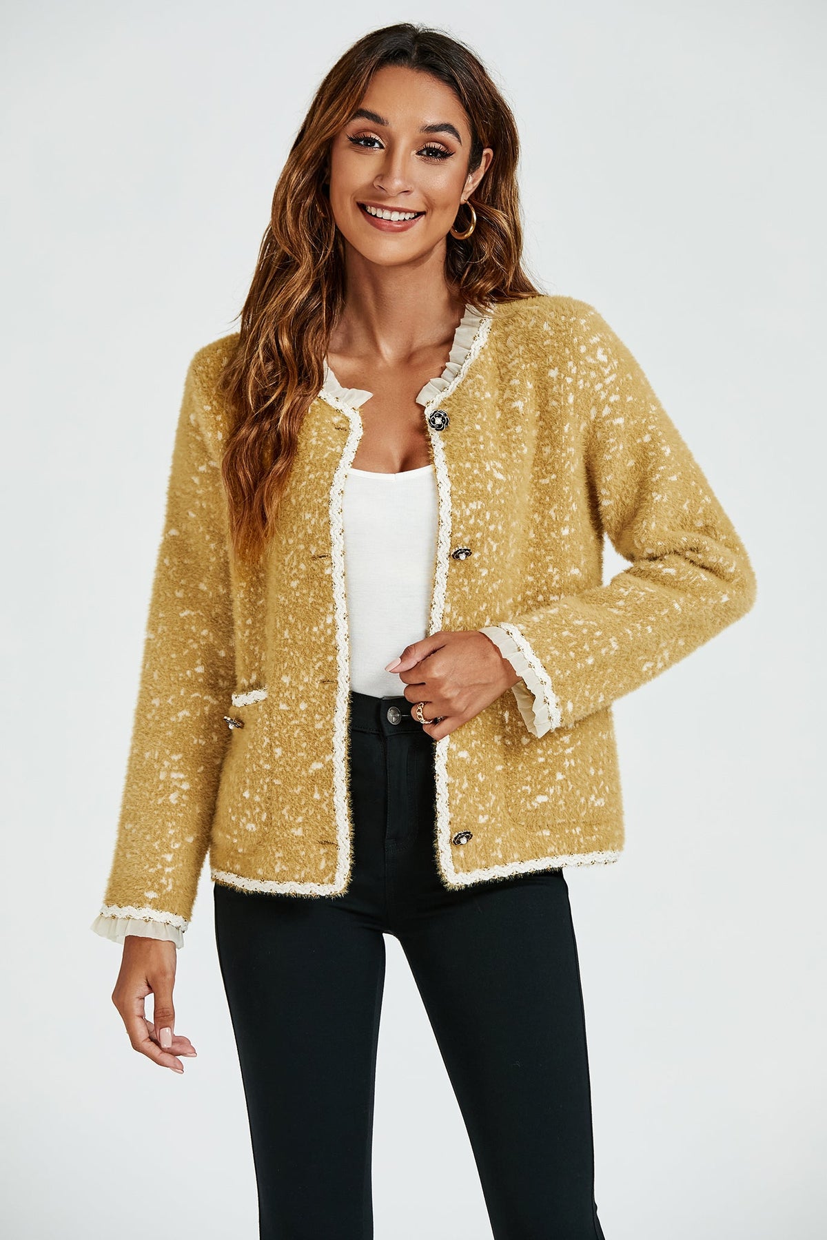 Leopard Pattern Lace Trim Boucle Jacket in Yellow