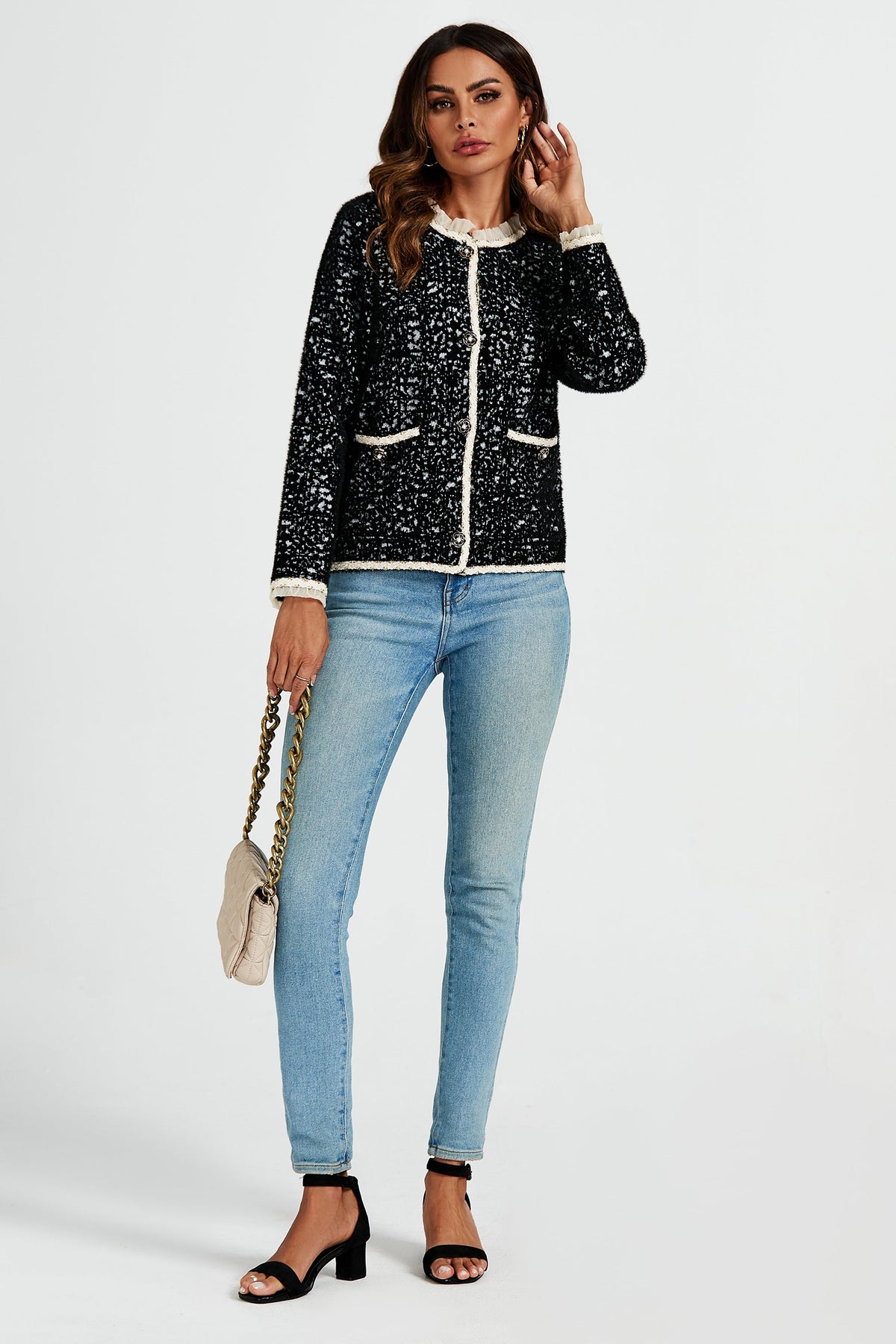 Leopard Pattern Lace Trim Boucle Jacket in Black