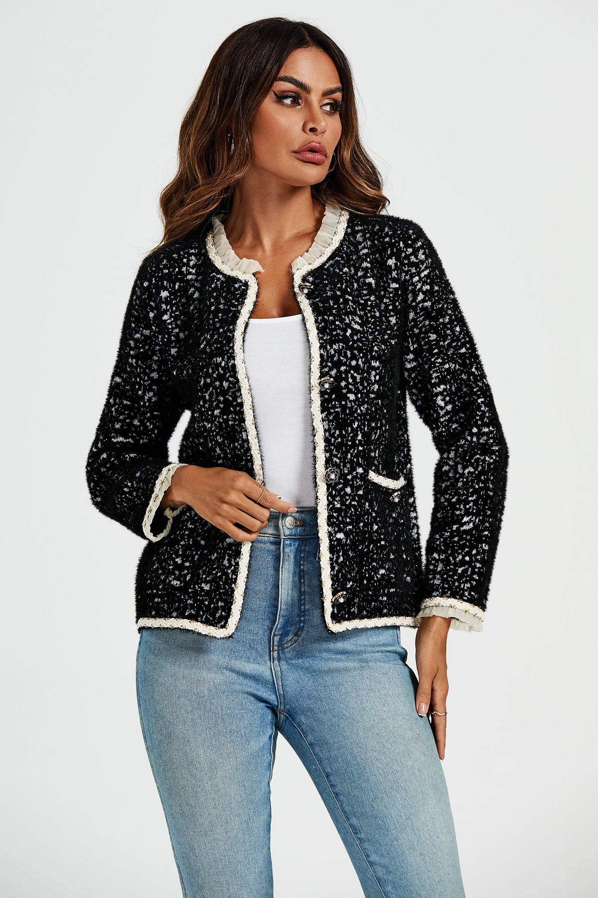 Leopard Pattern Lace Trim Boucle Jacket in Black