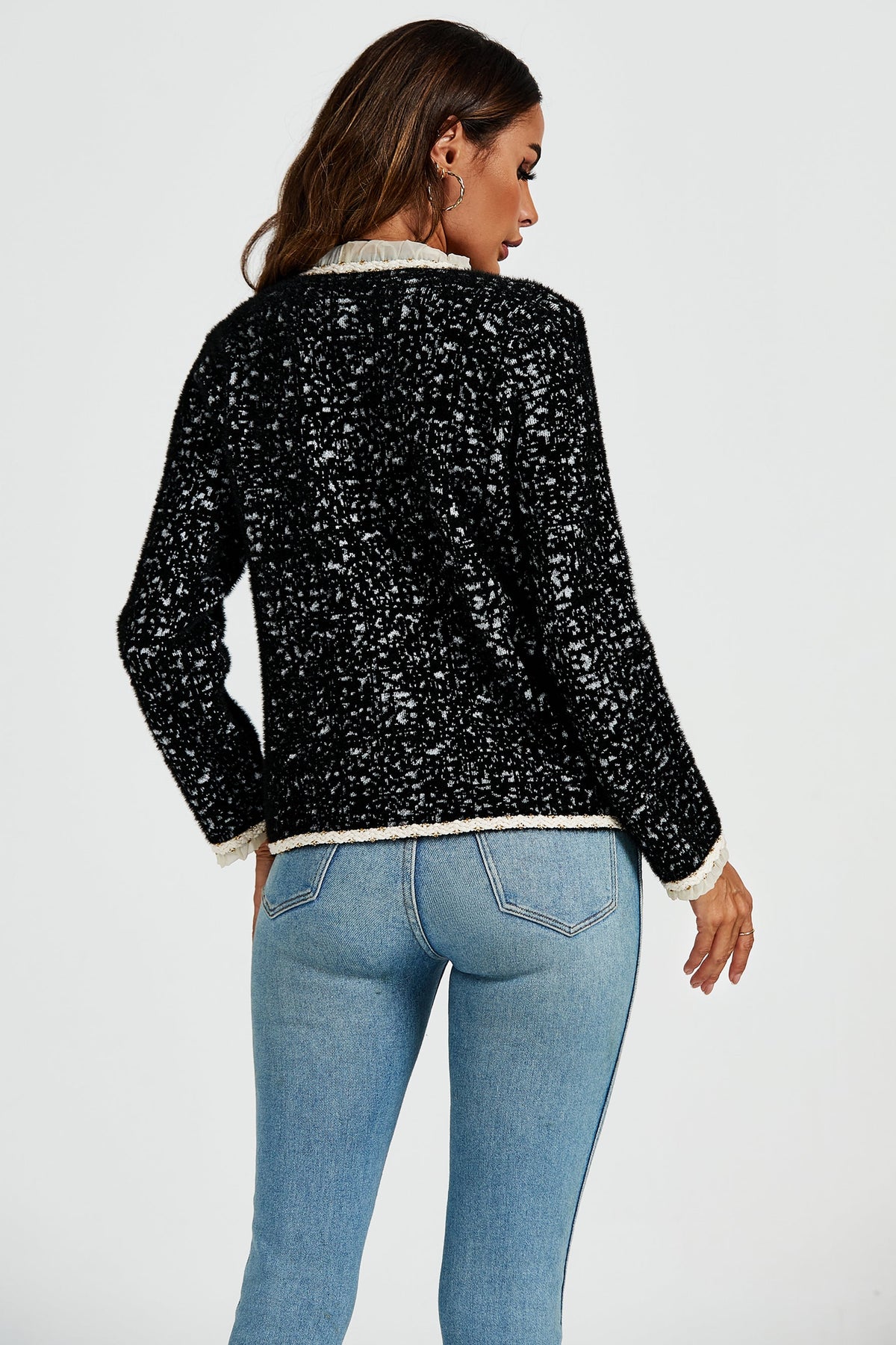 Leopard Pattern Lace Trim Boucle Jacket in Black
