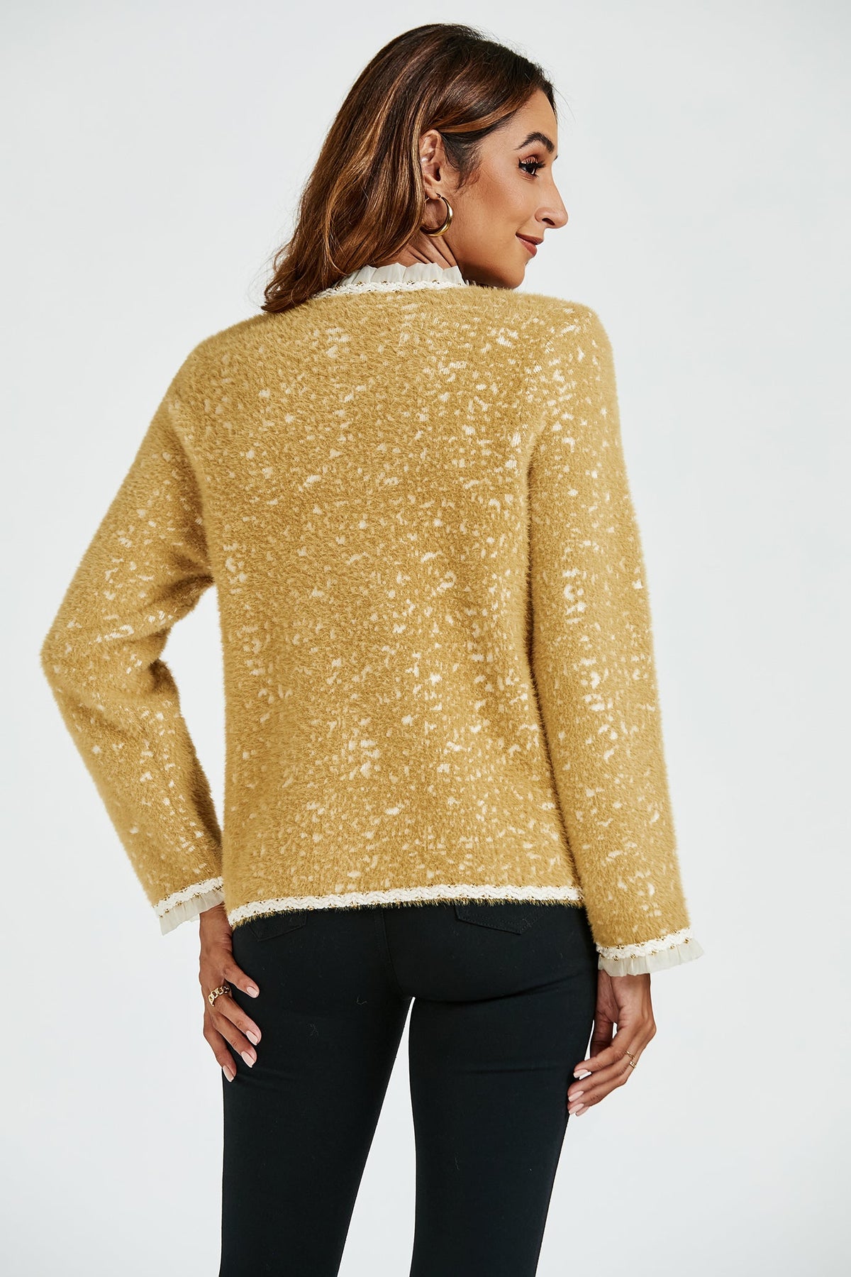 Leopard Pattern Lace Trim Boucle Jacket in Yellow