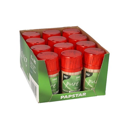 PAPSTAR Zahnstocher aus Holz "pure" rund, 6,5 cm im Spender | Dose (190 Stück)
