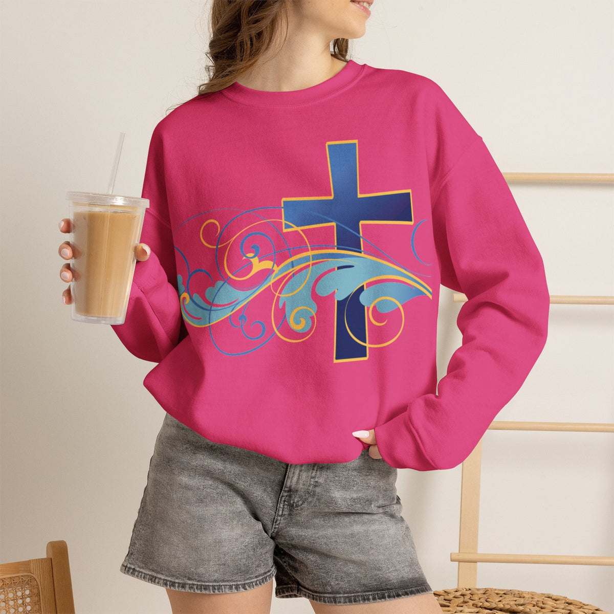 ESTID Unisex Crewneck Pullover | Blaues Kreuz & Wellen-Ornament