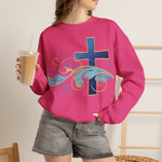 ESTID Unisex Crewneck Pullover | Blaues Kreuz & Wellen-Ornament