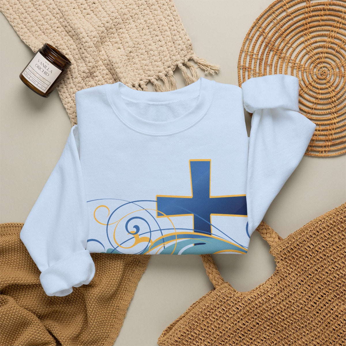 ESTID Unisex Crewneck Pullover | Blaues Kreuz & Wellen-Ornament