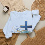ESTID Unisex Crewneck Pullover | Blaues Kreuz & Wellen-Ornament