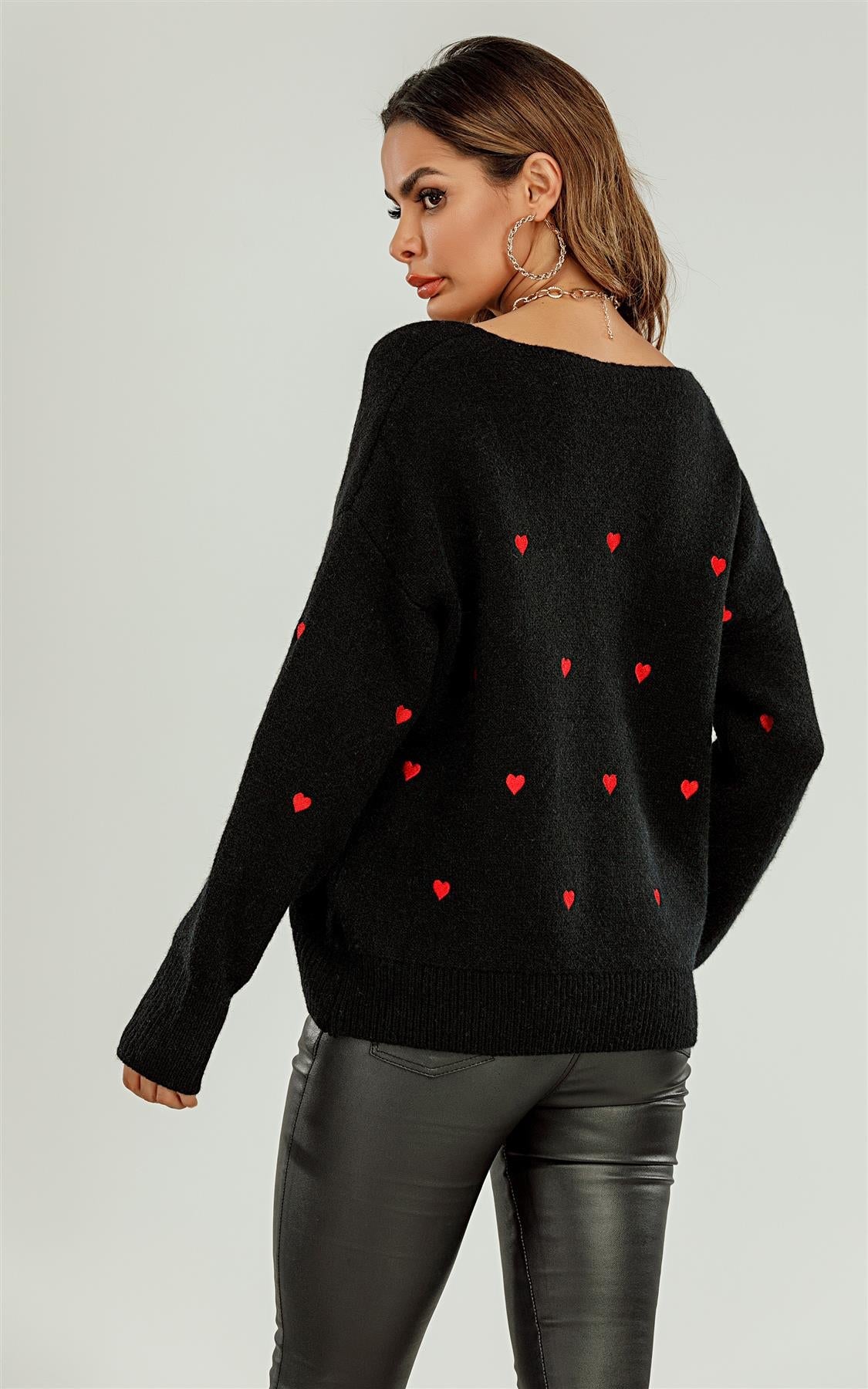 Embroidery Red Heart V Neck Jumper In Black