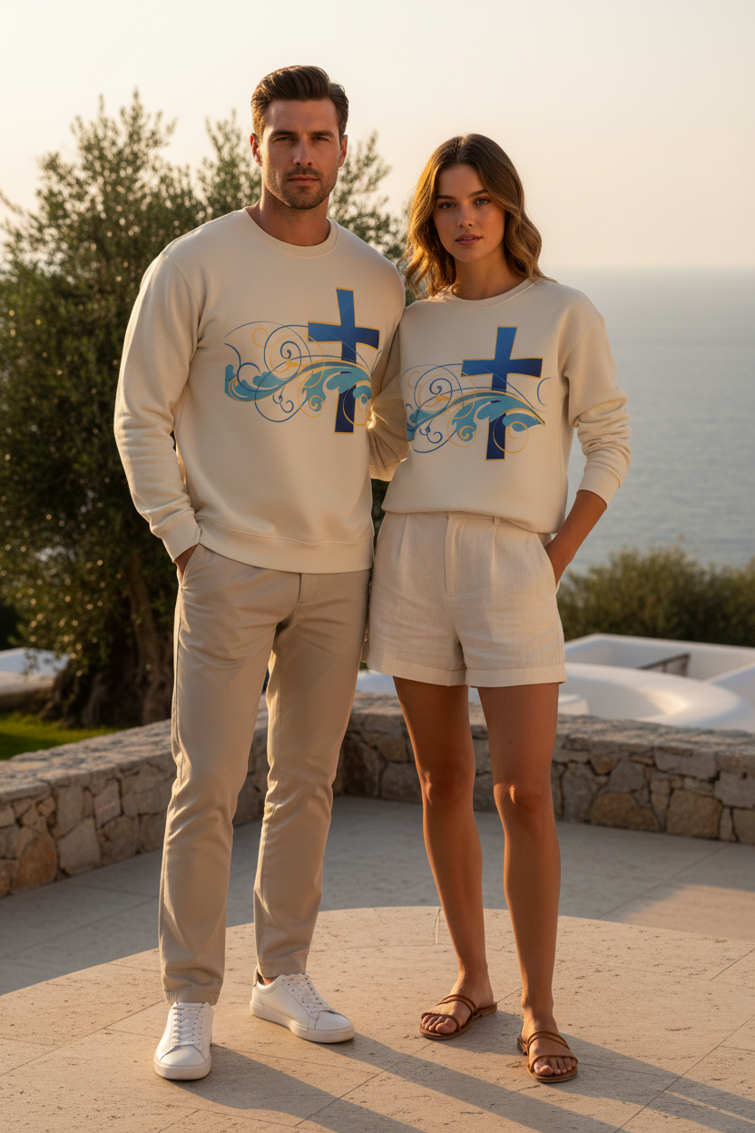 ESTID Unisex Crewneck Pullover | Blaues Kreuz & Wellen-Ornament