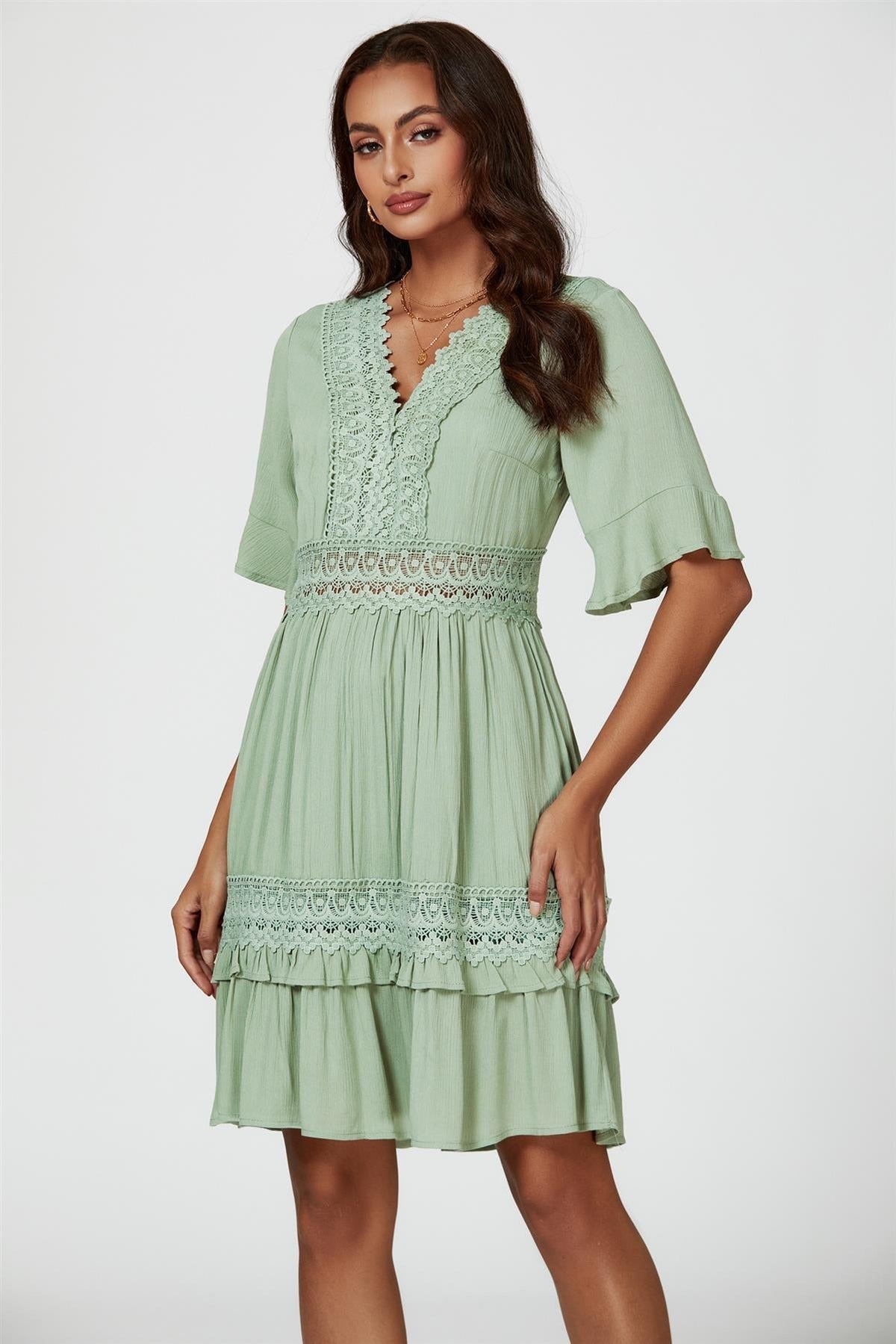 V Neck Lace Mini Dress In Green