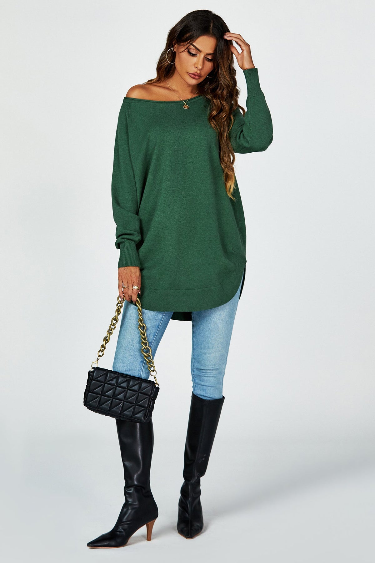 Oversize Knitted Jumper Top In Darkgreen