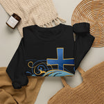 ESTID Unisex Crewneck Pullover | Blaues Kreuz & Wellen-Ornament